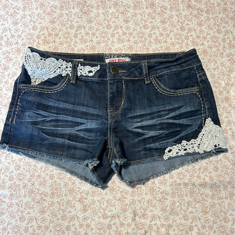 Hot Kiss Dark Blue Jean Shorts with White Lace